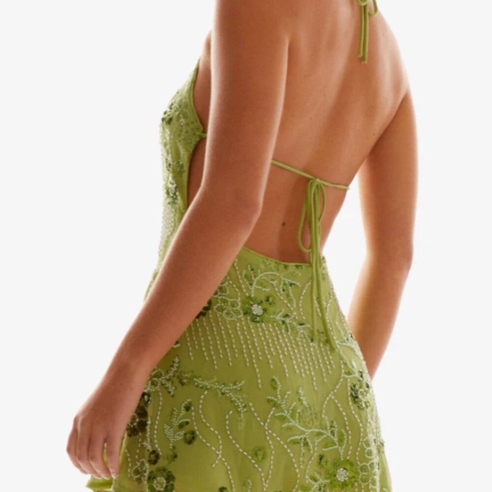 Peppermayo Lime Green Beaded Mini Halter Dress - Picture 3 of 5